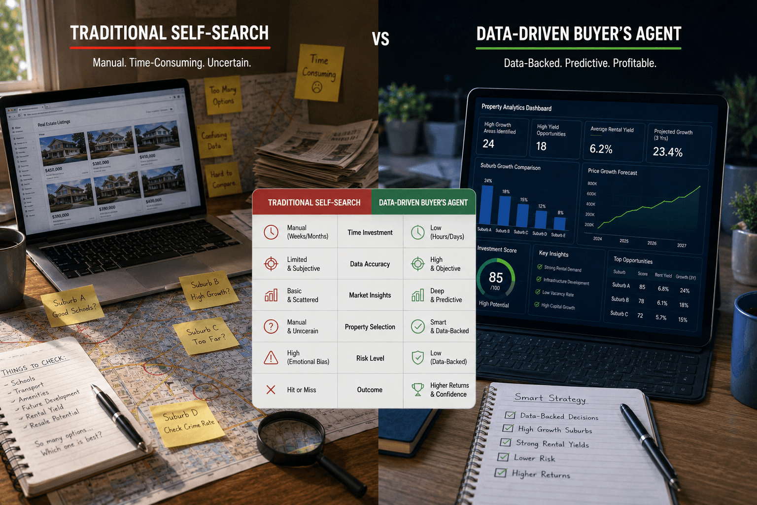 Should I follow a traditional self-search approach or use a buyer's agent data method for portfolio building