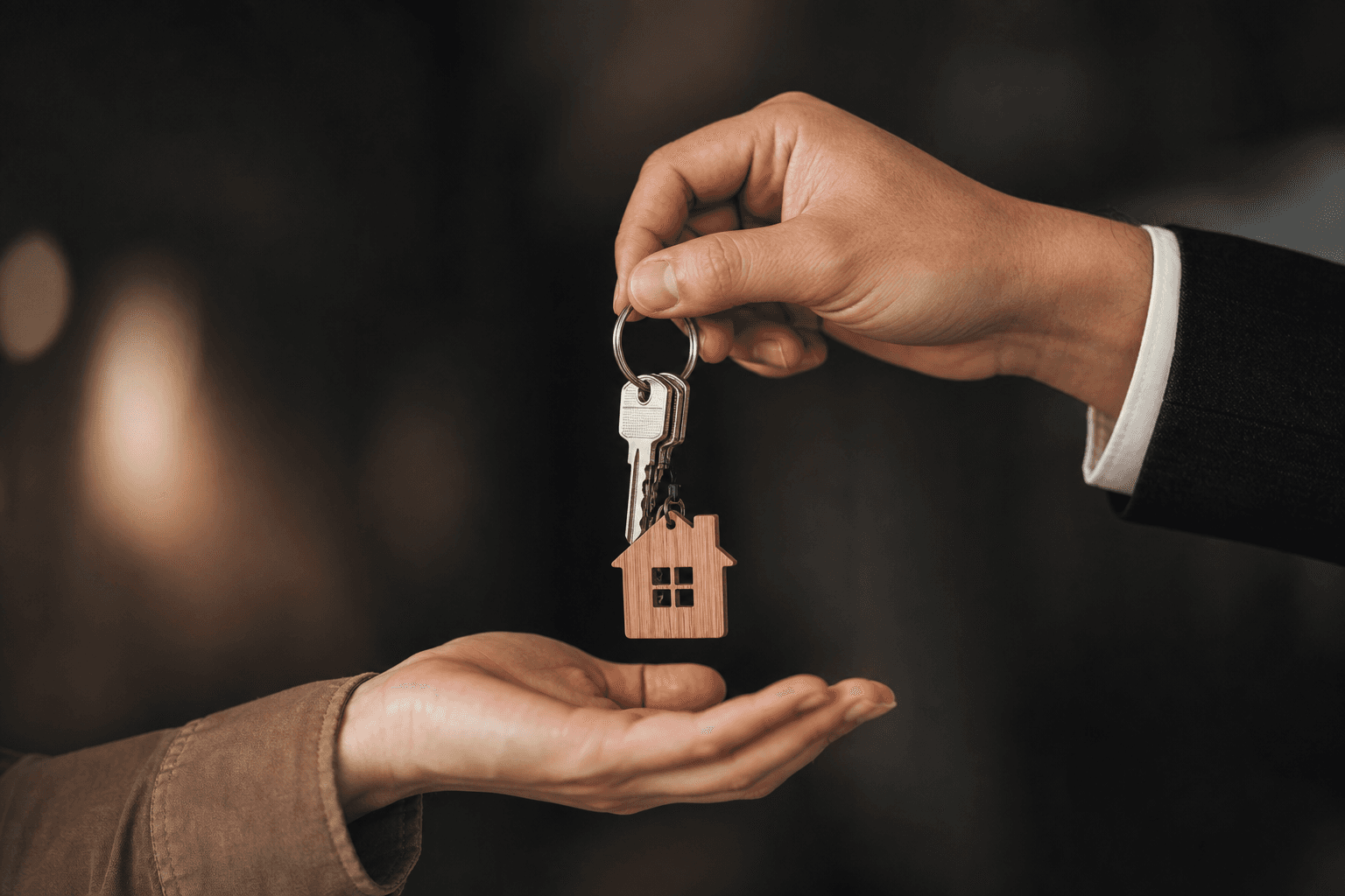 Hands exchanging house keys with a wooden house keychain