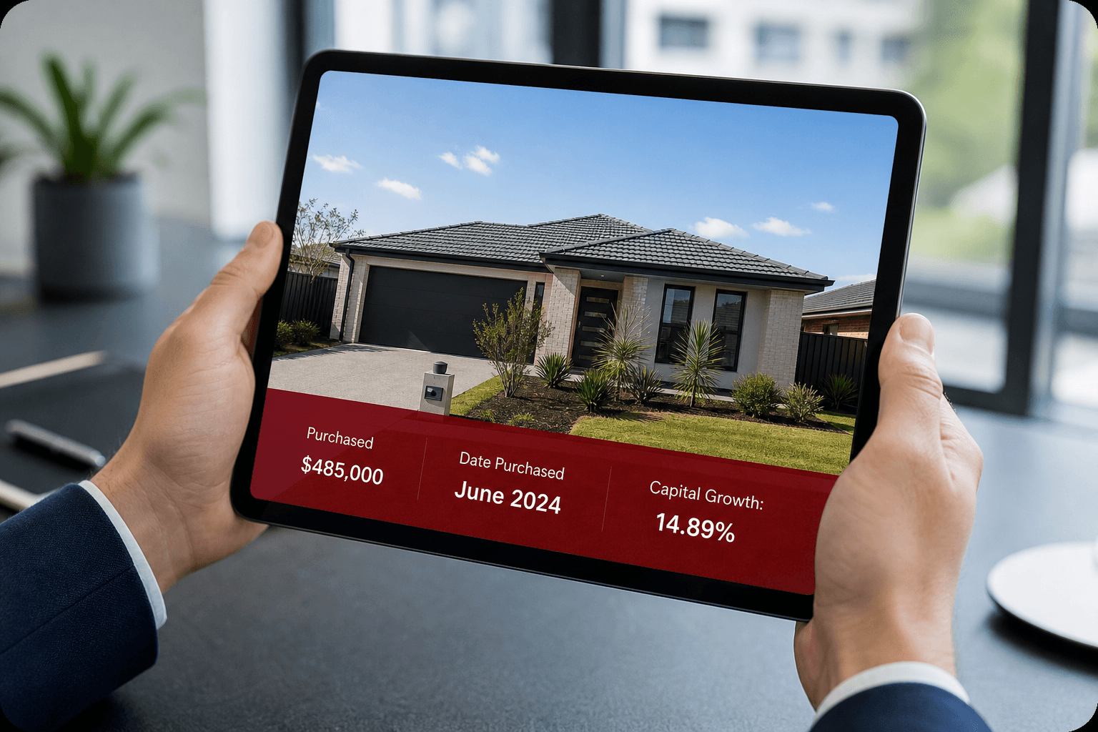 Property sourcing analysis showing investment growth on tablet