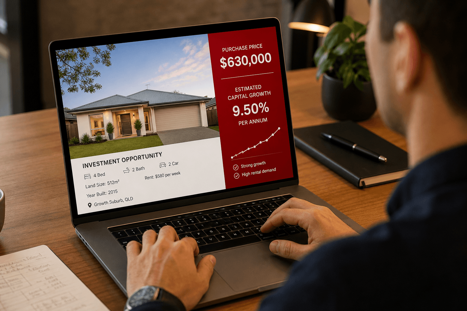 Strategic property sourcing research and investment analysis on laptop