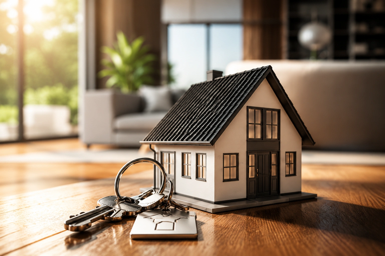Miniature house model on wooden table with keys