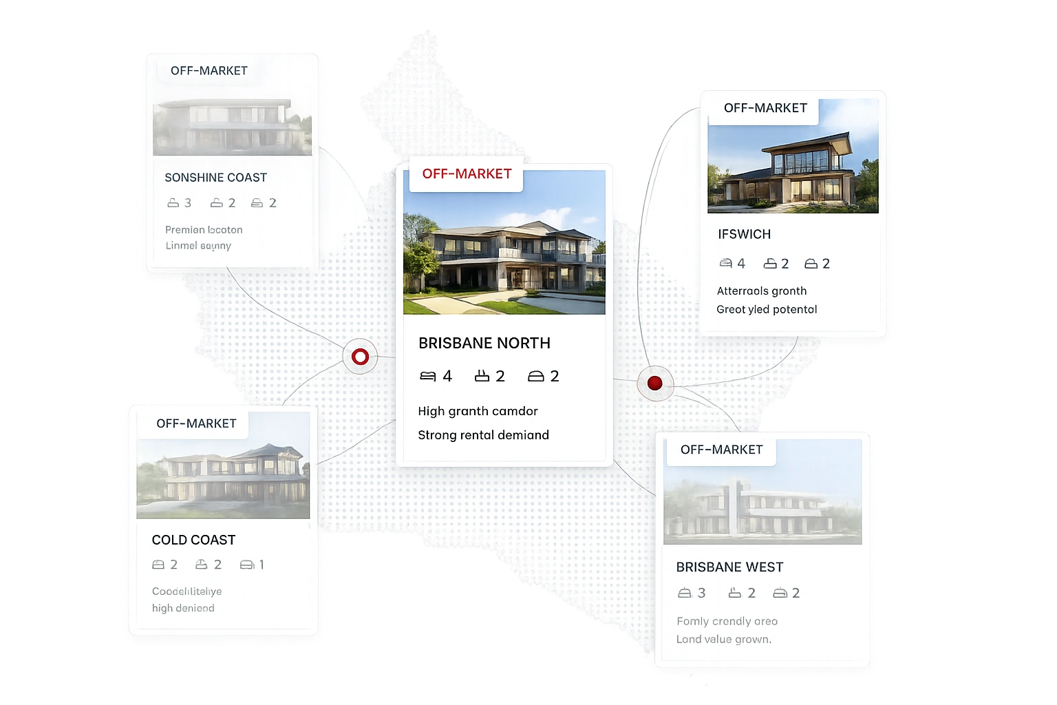 Off-market property network map and listings visual representation